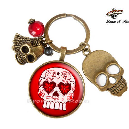 Porte clés * mexican skull * cabochon bronze tête de mort rouge 