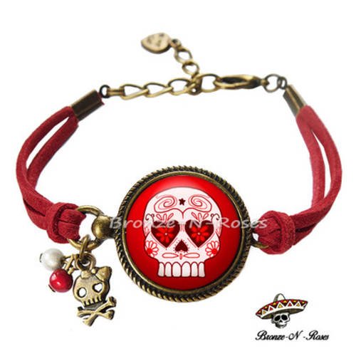 Bracelet * mexican skull * cabochon bronze tête de mort rouge 