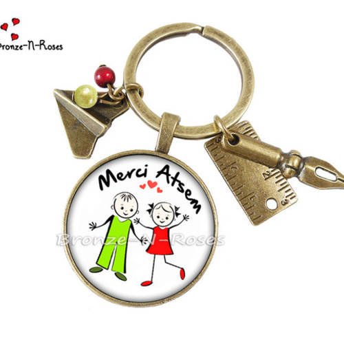 Porte clés " merci atsem " bijou cabochon couleur bronze cadeau enfant école vert rouge 