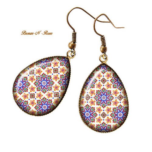 Boucles d'oreilles gouttes * mosaïque * bijou oriental marocain jaune violet 