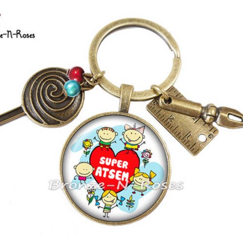 Porte clés " merci atsem " bijou cabochon couleur bronze cadeau enfant école rouge 
