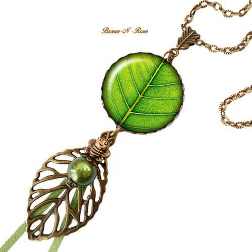 Sautoir collier * feuille * vert arbre nature cabochons verre zen