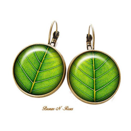 Boucles d'oreilles * feuille * vert arbre nature cabochons verre zen dormeuses 