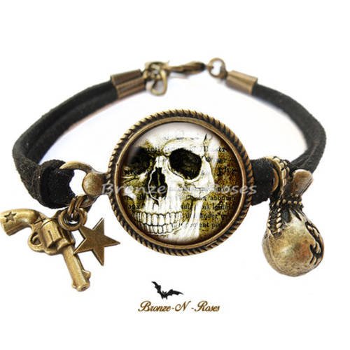 Bracelet * skull * bronze bijou fantaisie tête de mort crâne noir 