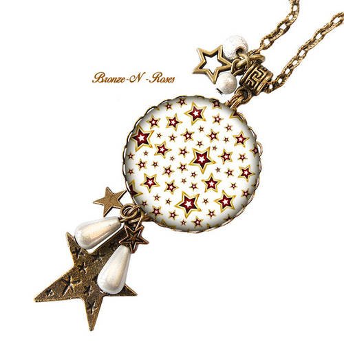 Sautoir collier * stars * cabochon étoiles blanches bronze beige verre 