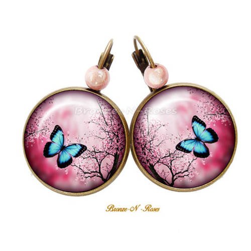Boucles d'oreilles * papillon bleu * fleur fuchsia verre bronze verre dormeuses 