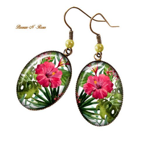 Boucles d'oreilles * fleurs tropicales * cadeau bijou fantaisie vert rose perle 