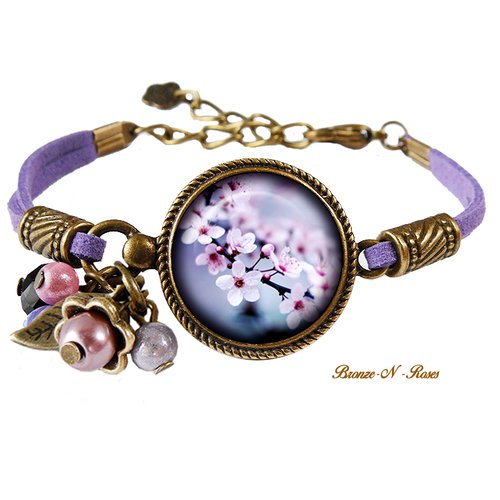 Bracelet * sakura * nature cabochon bronze fleur de cerisier violet mauve japon