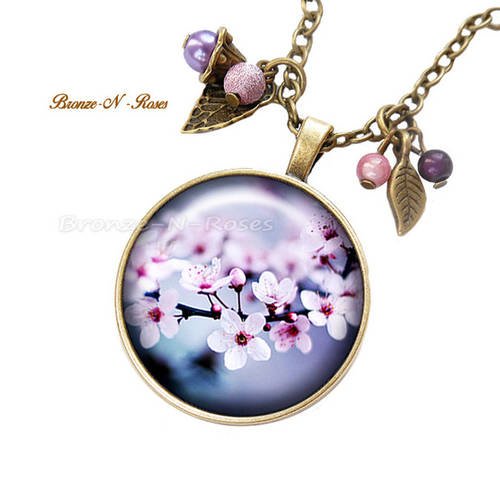 Collier * sakura * nature cabochon bronze fleur de cerisier violet mauve japon