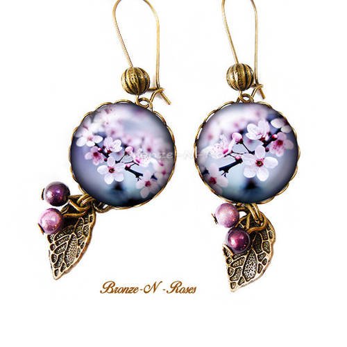 Boucles d'oreilles * sakura * nature cabochon bronze fleur de cerisier violet mauve japon