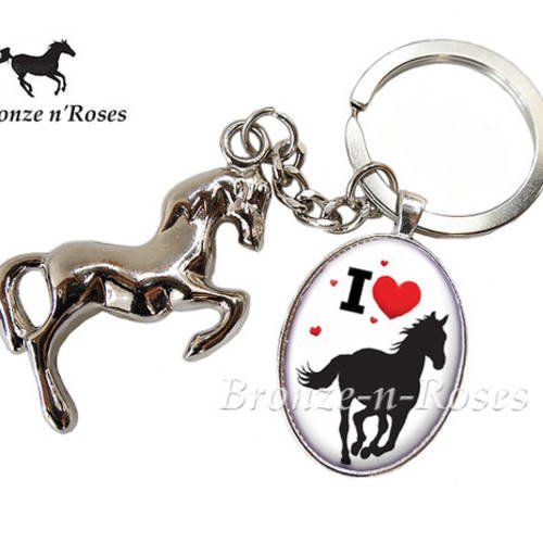 Porte clés cabochon " i love horse " breloque cheval métal argenté coeur verre 