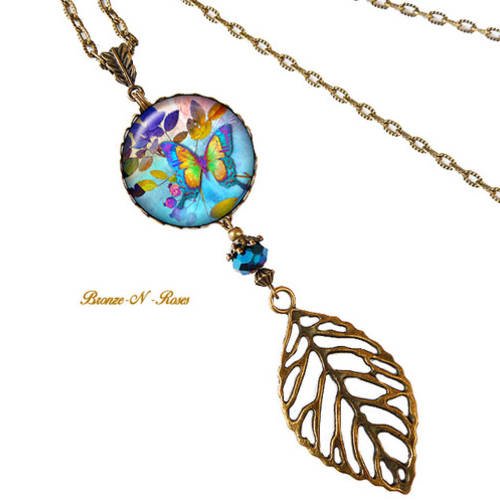 Sautoir collier * papillon magique * cabochon bleu bronze perles verre 