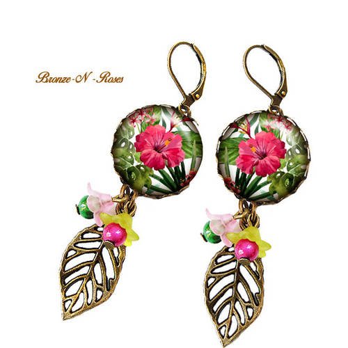 Boucles d'oreilles * fleurs tropicales * cadeau bijou fantaisie vert rose verre 