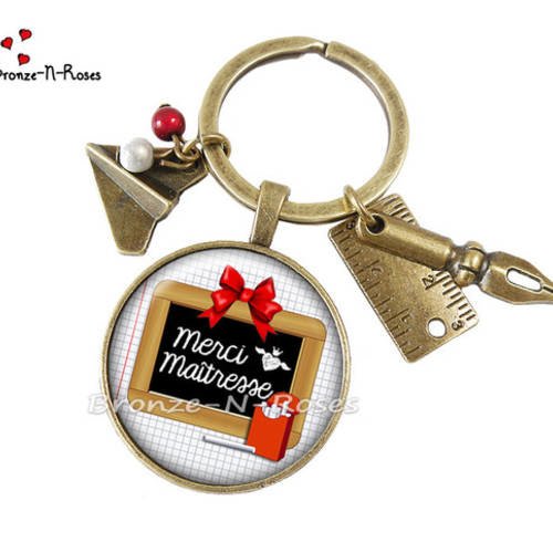 Porte clés " merci maîtresse " bijou cabochon bronze cadeau enfant école noir 