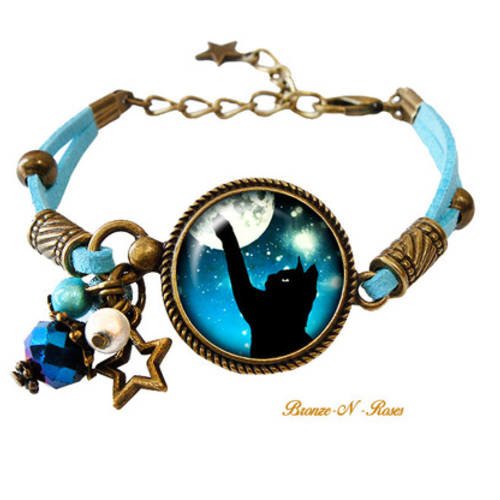 Bracelet * chat au clair de lune * cabochon bleu verre bronze