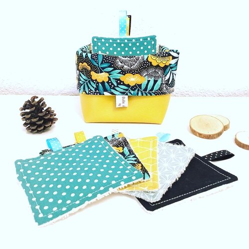 Lot de 10 mini cotons lavables bambou  et panière simili cuir moutarde assortie