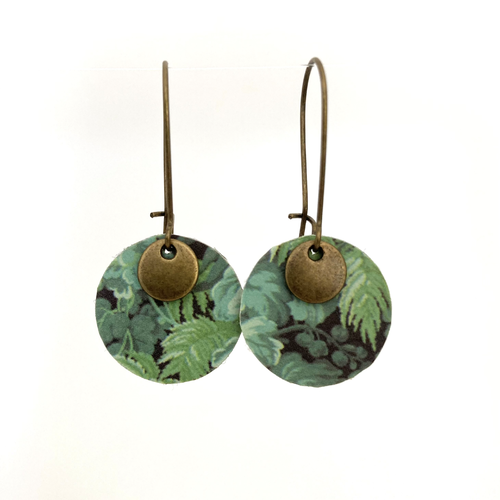 Boucles d'oreilles dormeuses - métal couleur bronze & imprimé feuilles tropicales - jungle