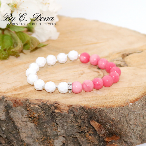 Bracelet perles - blanc quartz rose et strass