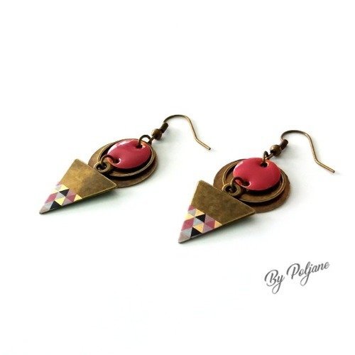 * vendu * boucles d'oreilles graphique triangle bronze rose noir doré - boucles d'oreilles géométriques triangle rose △ by poljane △