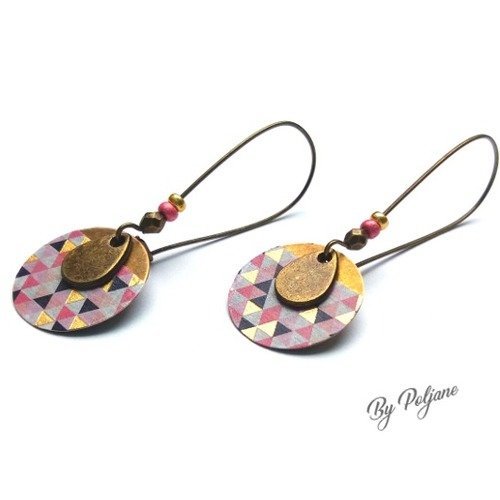 Boucles d'oreilles géométrique rose noir or triangles bronze 