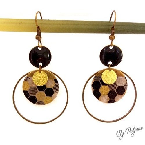 * vendu * boucles d'oreilles créoles bronze sequin motif géométrique - boucles d'oreilles créoles bohème chic motif géométrique