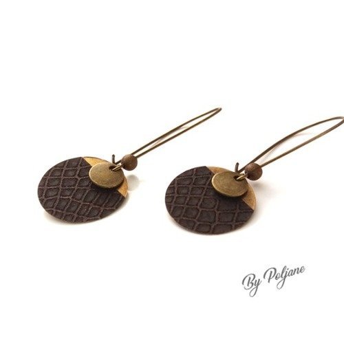 So black • boucles d'oreilles sequin rond bronze et noir façon croco - boucles d'oreilles noires et chic △ by poljane △ 