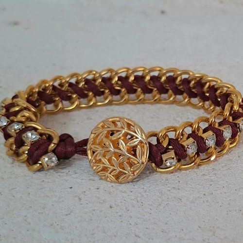 Bracelet tresse chaîne dorée , strass , bordeaux , rouge foncé