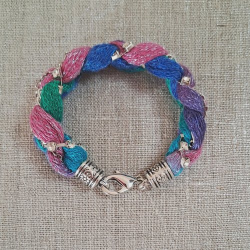 Bracelet bleu rose vert laine strass