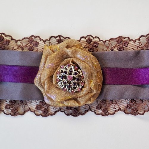 Bracelet manchette beige violet organza velours dentelle strass