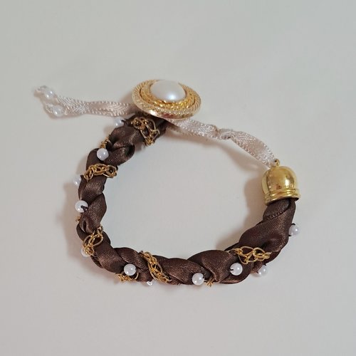 Bracelet marron blanc perles rubans