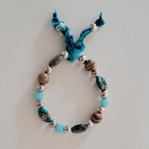 Bracelet turquoise beige perles ruban