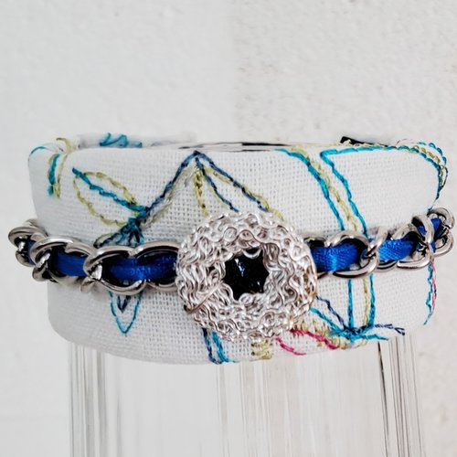Bracelet manchette bleu blanc tissu ruban