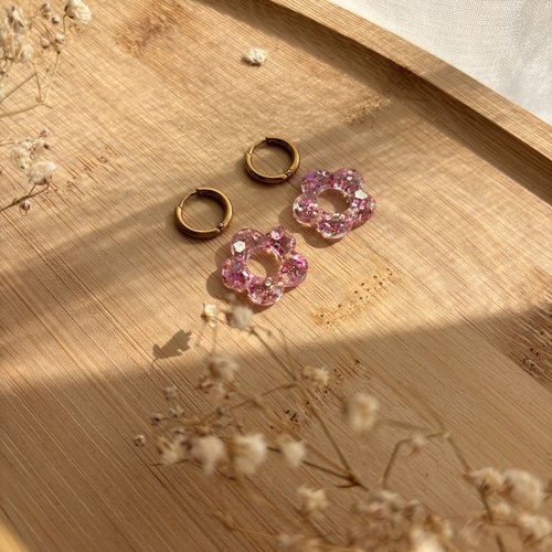 Pampilles fleurs interchangeables roses holographiques avec créoles petit format