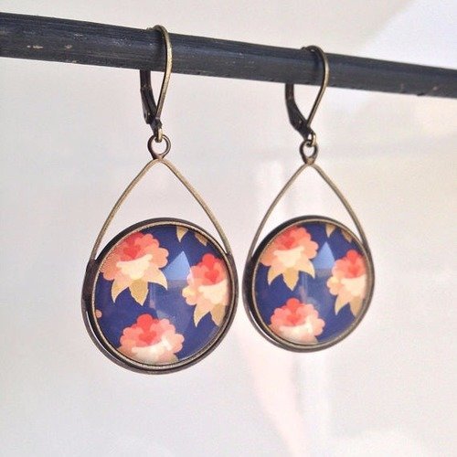 Boucles d'oreilles pendantes gouttes cabochons - inspiration japonaise