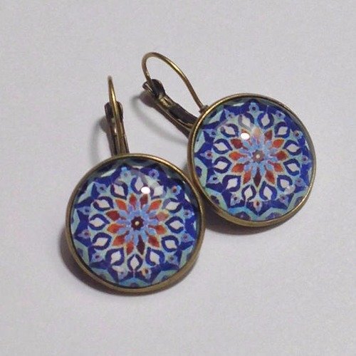 Boucles d'oreilles cabochon mosaïque - mosaïque marocaine - dormeuses - bleu