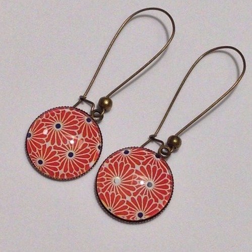 Boucles d'oreilles fantaisies cabochons - pendantes - grandes dormeuses - japon - fleurs japonaises - orange