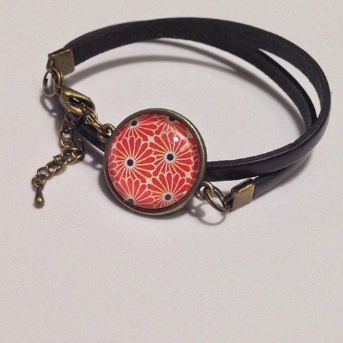 Bracelet cuir - bracelet cabochon - japon - fleurs - vintage