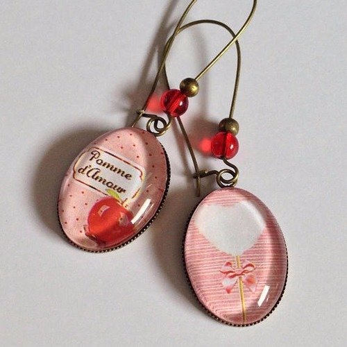 Boucles d'oreilles pendantes cabochons - amour - coeur - rose - rouge