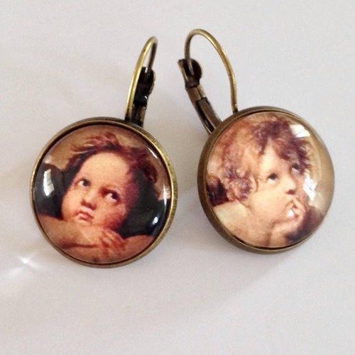 Boucles d'oreille cabochons bronze - anges - rétro