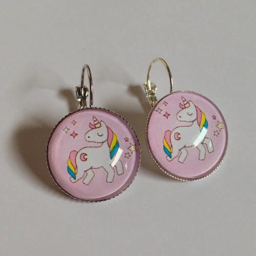 Boucles d'oreilles cabochons en verre - dormeuses - licornes - enfantin - rose - imaginaire