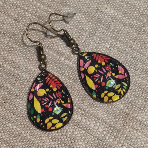 Boucles d'oreilles cabochons gouttes  - dormeuses - mosaïque - hispanique - arabesques