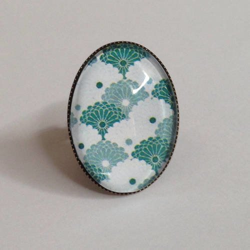 Bague cabochon ovale - bronze - motifs japonais - vagues - turquoise