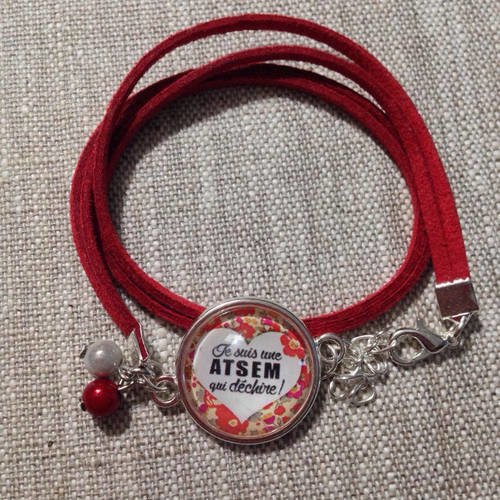 Bracelet cabochon suédine rouge - cadeau fin d'année scolaire - atsem - liberty