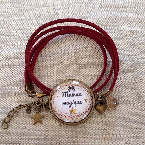 Bracelet cabochon en suédine aspect cuir - rouge / bordeaux - cadeau fête des mères - maman magique
