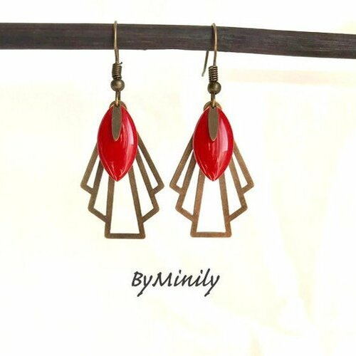 Boucles d'oreilles sequin émaillé - rétro - pendantes - japonisante - rouge
