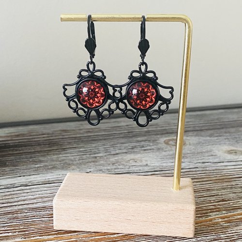 Boucles d'oreille fantaisies cabochon, pendantes, art déco, noir et rouge, baroque