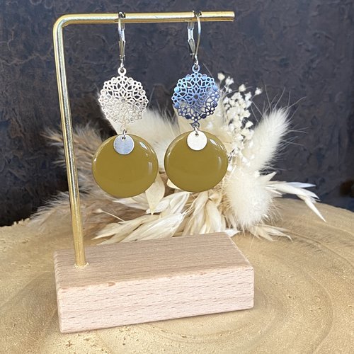 Boucles d’oreilles kaki, boucles d’oreilles pendantes sequin émaillé, cadeau femme, cadeau noël femme, bijoux tendance