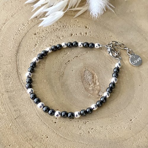 Bracelet en perles hématites noires et blanches, lithotherapie, bracelet pierres naturelles
