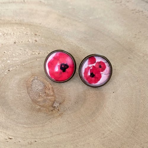 Puces cabochon, coquelicots, clou d'oreille, boucles d’oreilles, puces rouges, cadeau femme