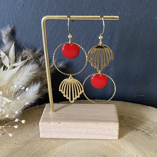 Boucles d’oreilles asymétriques, dorée et rouge, idée cadeau original, cadeau de noël